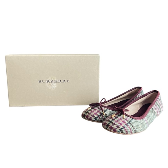 Burberry Women’s Houndstooth Check Bow Ballet Flats Purple Green Round Toe Shoes - Picture 2 of 15